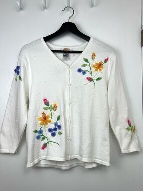 Talbots Vintage Tag Embroidered Floral Cotton Cardigan M White Multi Cottagecore